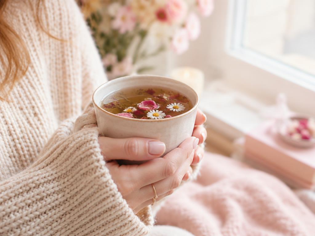 A warm cup of tea held in cozy hands by a bright window
